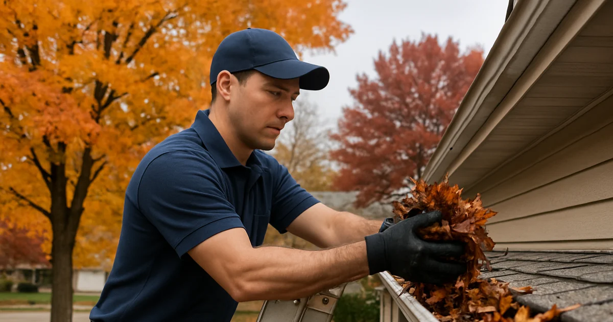 Gutter cleaning technician clearing leaves from a home's gutters near Kokomo, IN