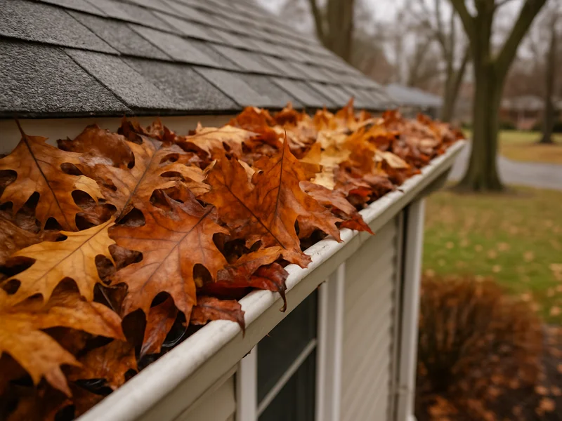 Clogged gutter full of wet leaves before cleaning near Kokomo, IN