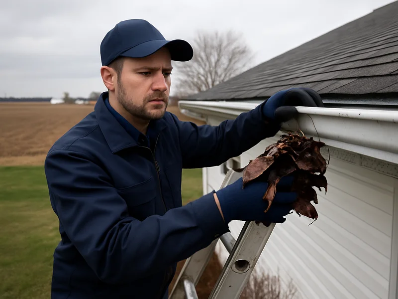 Technician clearing a gutter on a home in Russiaville, IN