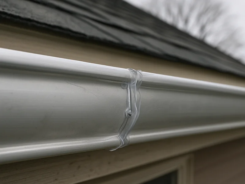 Close-up of a repaired and resealed gutter seam near Kokomo, IN