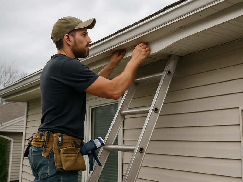 Technician repairing a sagging gutter section on a home near Kokomo, IN